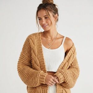 PAPER HEART Open Front Chunky Popcorn Cable Knit Cardigan Camel Tan Boho Sweater